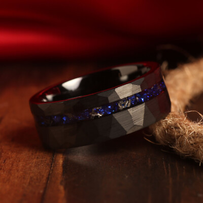 Astrology Blue Sapphire Meteorite, Black Hammered  Ring Men's Wedding Band