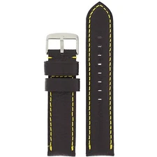 Watch Band Padded Leather Black Yellow Stitching Heavy Padded 20mm -24mm