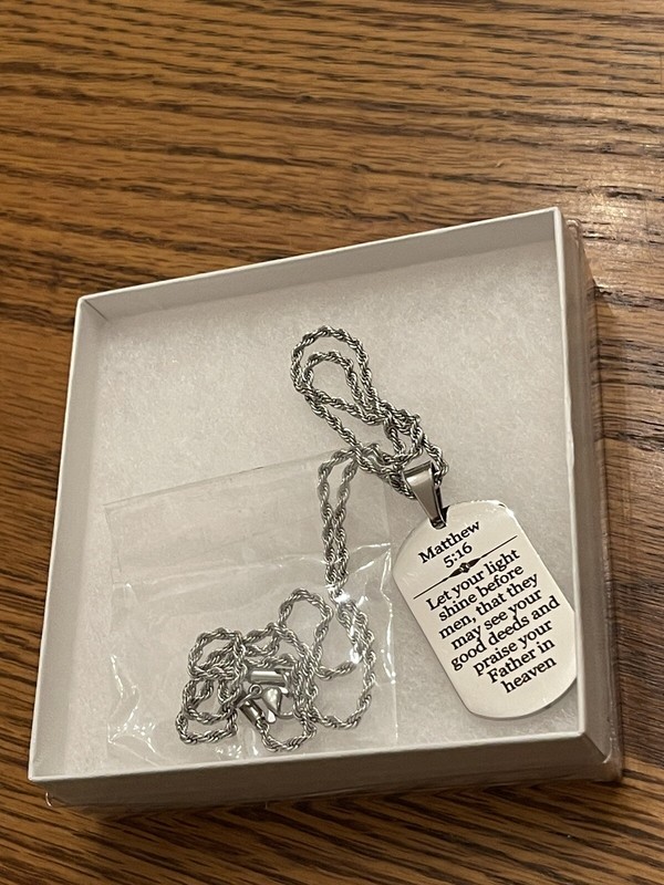 NEW Stainless Steel Rope Chain w/Engraved Bible Scripture “Dog Tag” Matthew 5:16