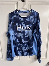 Huk Performance Fishing Boys Rash Guard Shirt S Blue Camo Long Sleeve Logo