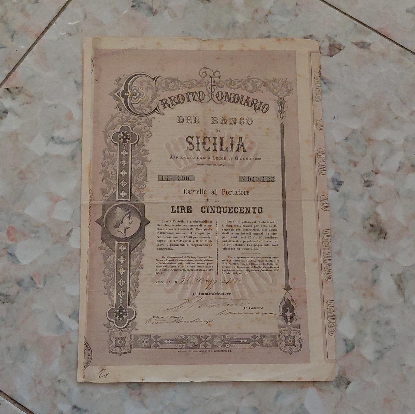 Credito Fondiario del Banco di Sicilia Titolo al Portatore Lire 500 Cedole