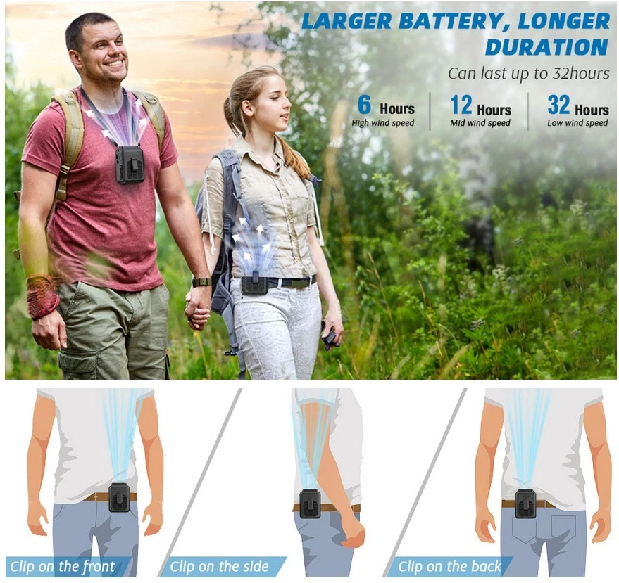 Ventilador de cintura 8000 mAh clip ventilador ventilador de escritorio salida de aire ajustable hasta 32 horas funciona Foto 4 de 4