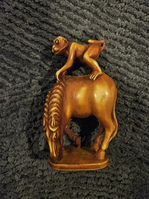 Handmade Japanese Netsuke Monkey Riding Horse Carved Brown Figurine 