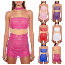 Womens Leotard Prom Dress Cha-cha Costume Party Halter Performance Dance Latin