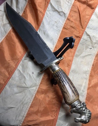 1800's Clip Point Bowie Knife by James Lowe Stag Handle with Horse-Head Pommel