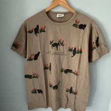 Vintage 1997 Rel-e-vant Cat AOP T Shirt USA Made Brown Size Medium Grandma