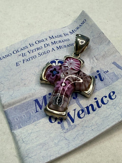 Beautiful Millefiori of Venice Murano Glass Sterling Silver Cross Purple