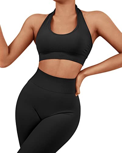 Women Seamless Halter Sports Bra Open Back Padded Workout Crop Medium Black - Picture 7 of 7
