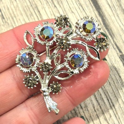 Vintage Lisner Brooch Aurora Borealis Rhinestone Flower iridescent sparkle AB