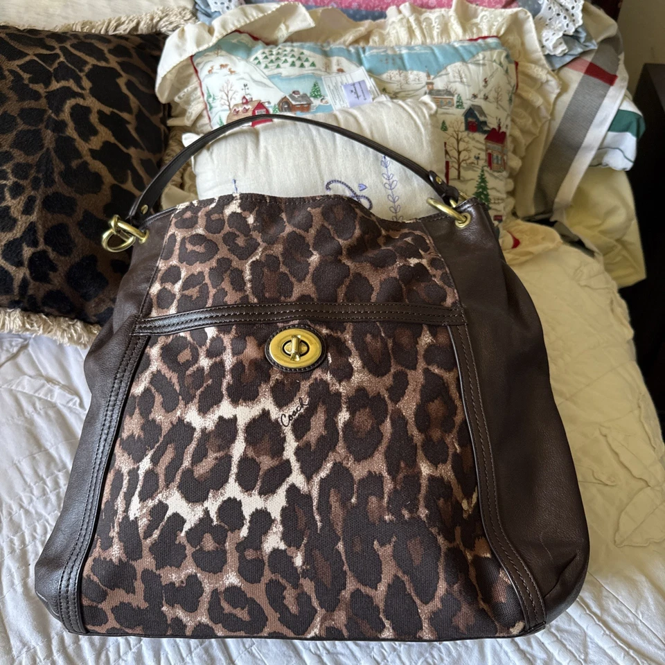 Coach F24896 Park Ocelote Cuero Leopardo Cadena Eslabón Grande Hobo/Tote $598 ¡Raro!! Foto 2 de 4