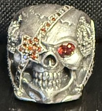 Vintage 925 Sterling Silver Crown Skull Biker Ring Red Eye Patch Size 13.5 13.75