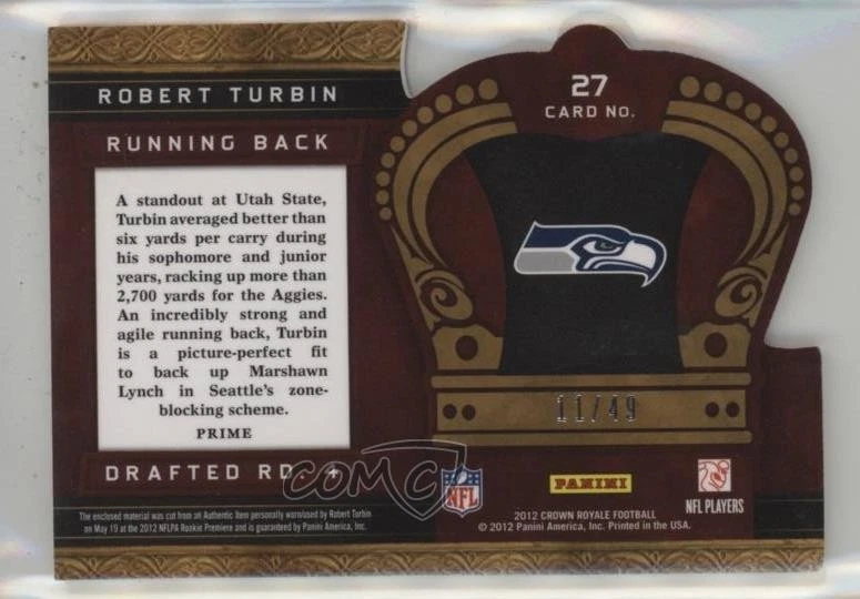 2012 Crown Royale Rookie Royalty Materials Green Prime /49 Robert Turbin #27 RC - Image 2 of 2