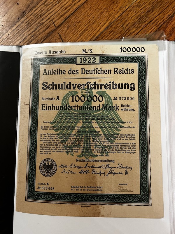 1922 Deutsches Reich Bond (Schuldverschreibung) 5000 Mark w/ Interest Coupons