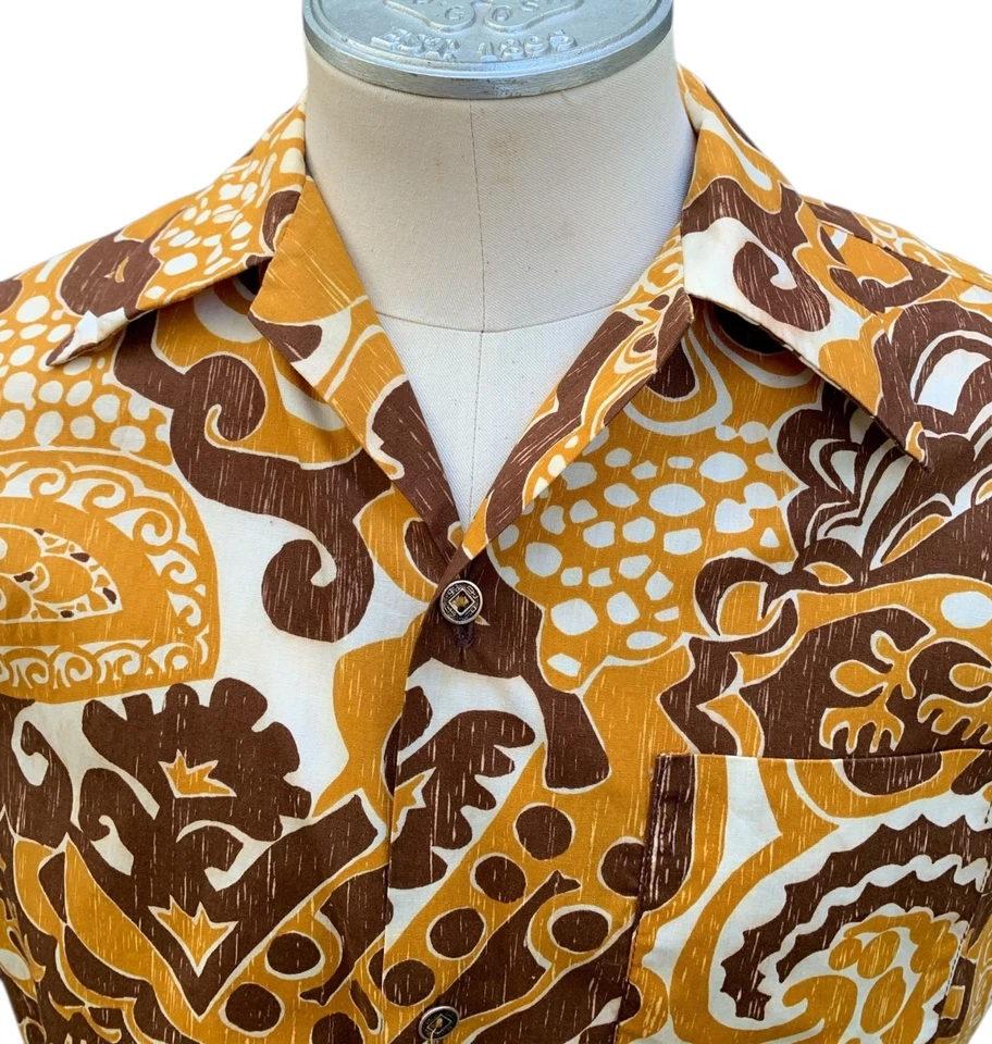 Vintage 60s/70s Men's SS Hawaiian GVH Print Aloha Shirt - Sz S/M - Brown + Gold - Image 2 of 4