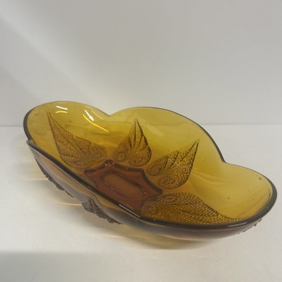 VTG Indiana Glass Amber Glass Celery Relish Dish Stippled Leaves Pattern 50's