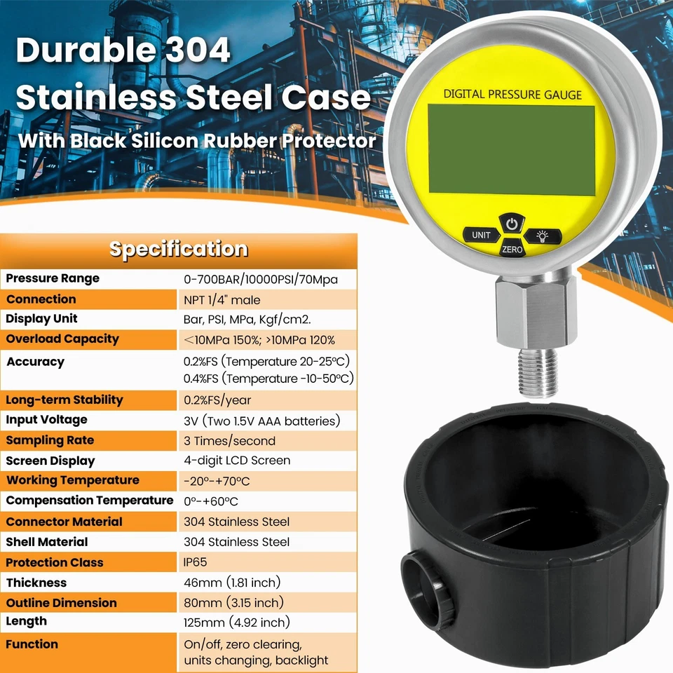 10000PSI Digital Hydraulic Pressure Gauge Manometer 1/4" NPT 700BAR/70Mpa New - Image 4 of 4