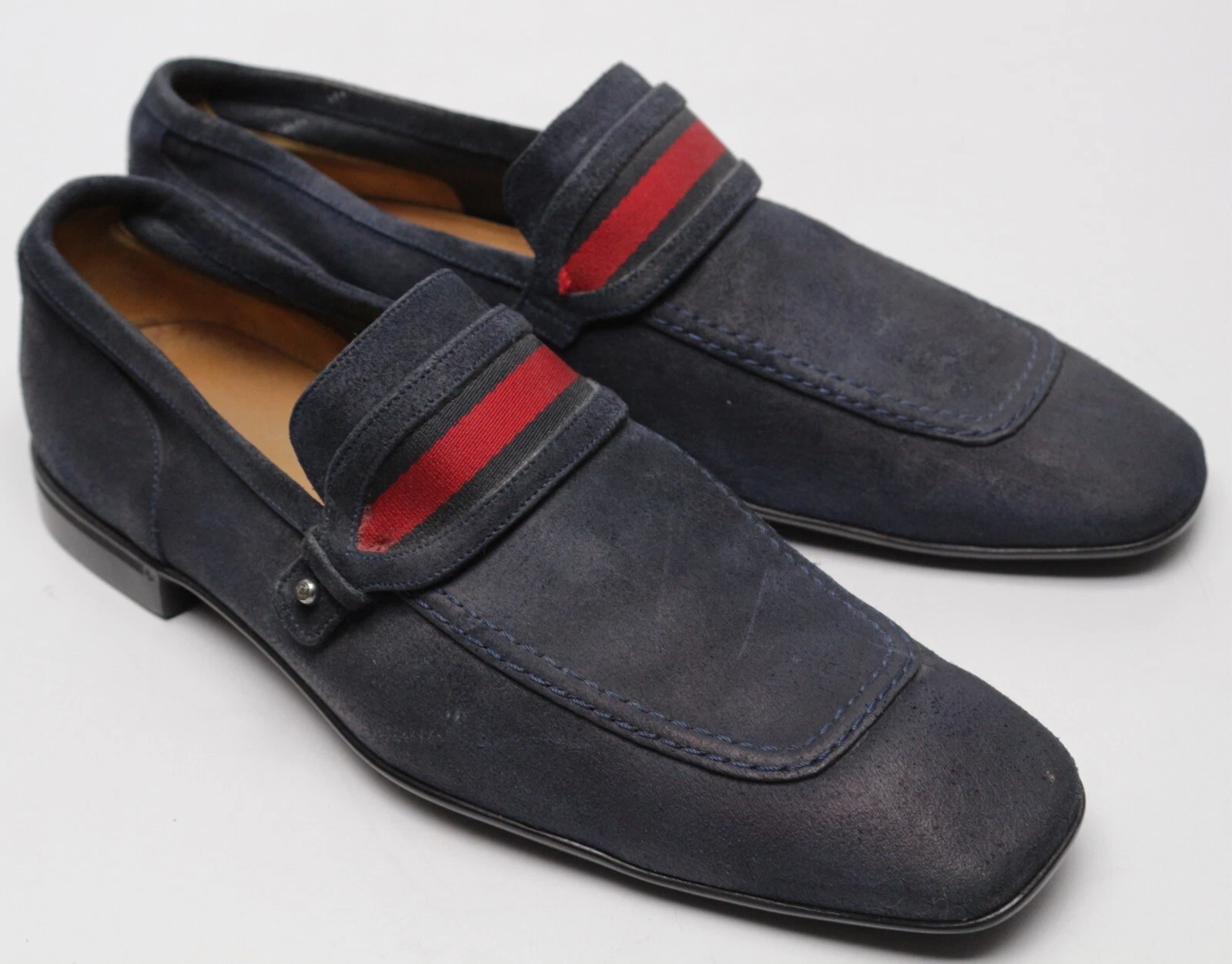 Chaussures Gucci bleu daim homme 9 D à enfiler cuir rayures sangle GG mocassins Italie