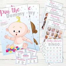 Juegos de baby shower unisex ROSA Y AZUL STARS, bingo, predicciones, pin el maniquí