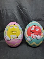 2 M&M's Collectible 2015 Easter Egg Shaped Empty Tin Red M&Ms Character