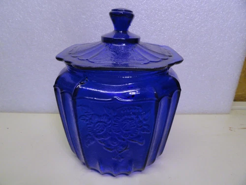 Vintage Glass Biscuit Cracker Jar Cobalt Blue Mayfair Open Rose Depression Glass
