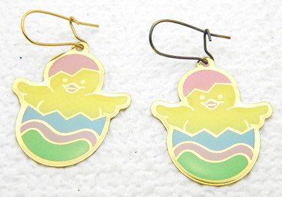 Gold Tone Easter Egg Chick Enamel Light Weight Dangle Earrings