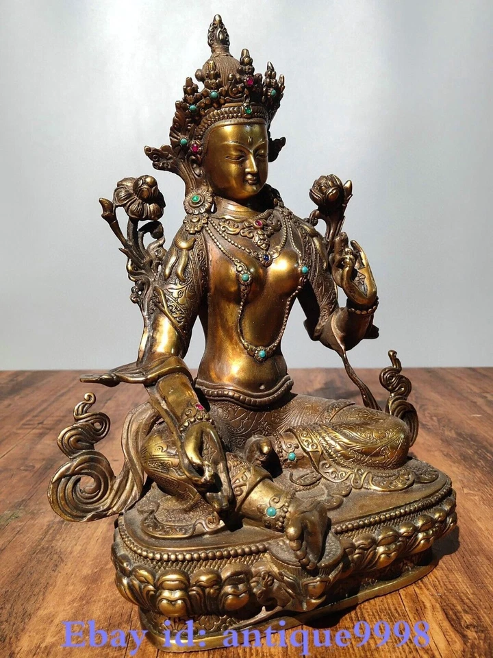 Estatua de diosa budista Tara Mahayana verde gema dorada bronce tibetano antiguo de 12,2" Foto 3 de 4