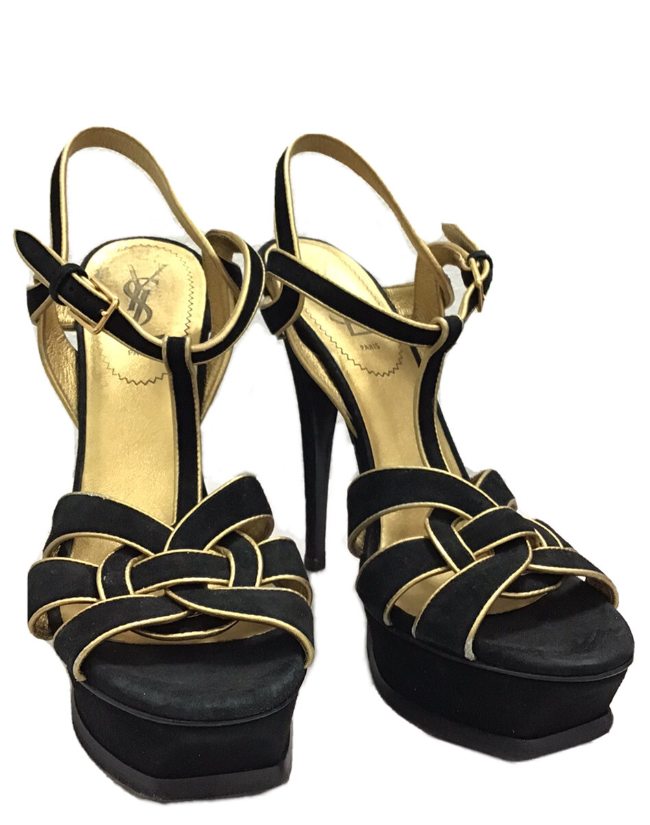 SAINT LAURENT YSL sandalo punta aperta stiletto plateau omaggio bordo oro nero tacco 39