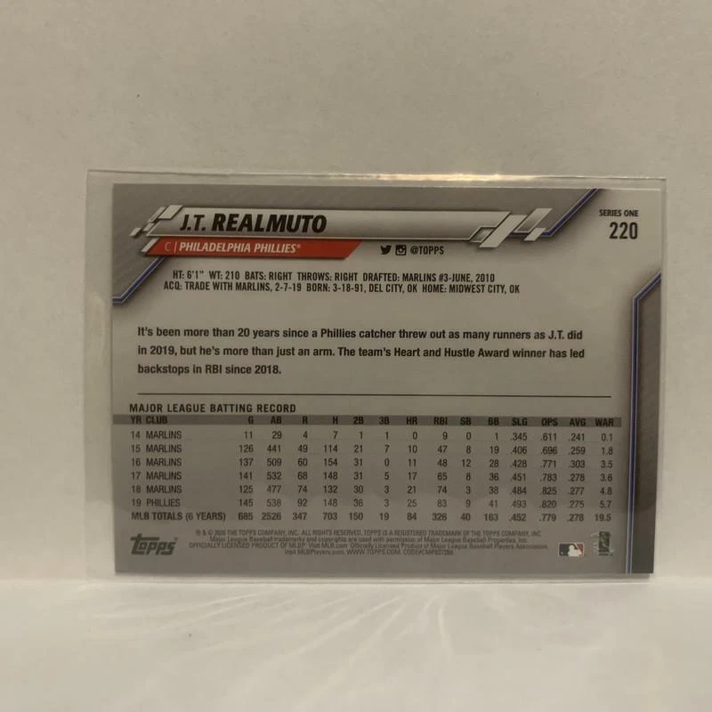 #220 J.T. Realmuto Philadelphia Phillies 2020 Topps Series One Baseball Card JD - Image 2 of 2