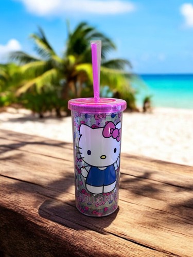 Hello Kitty Tasse Becher rosa & blaue Schleifen Herzen rosa Strohhalm NEU blau Outfit