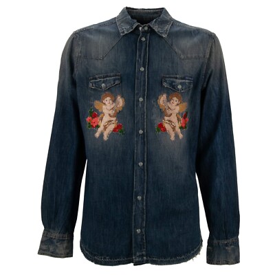 DOLCE & GABBANA Barock Engel Rose Stickerei Denim Jeans Druckknopf Hemd Blau 