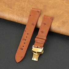 20mm Brown Real Ostrich Leather Watch Strap Flat Leather Gold Deployment Buckle