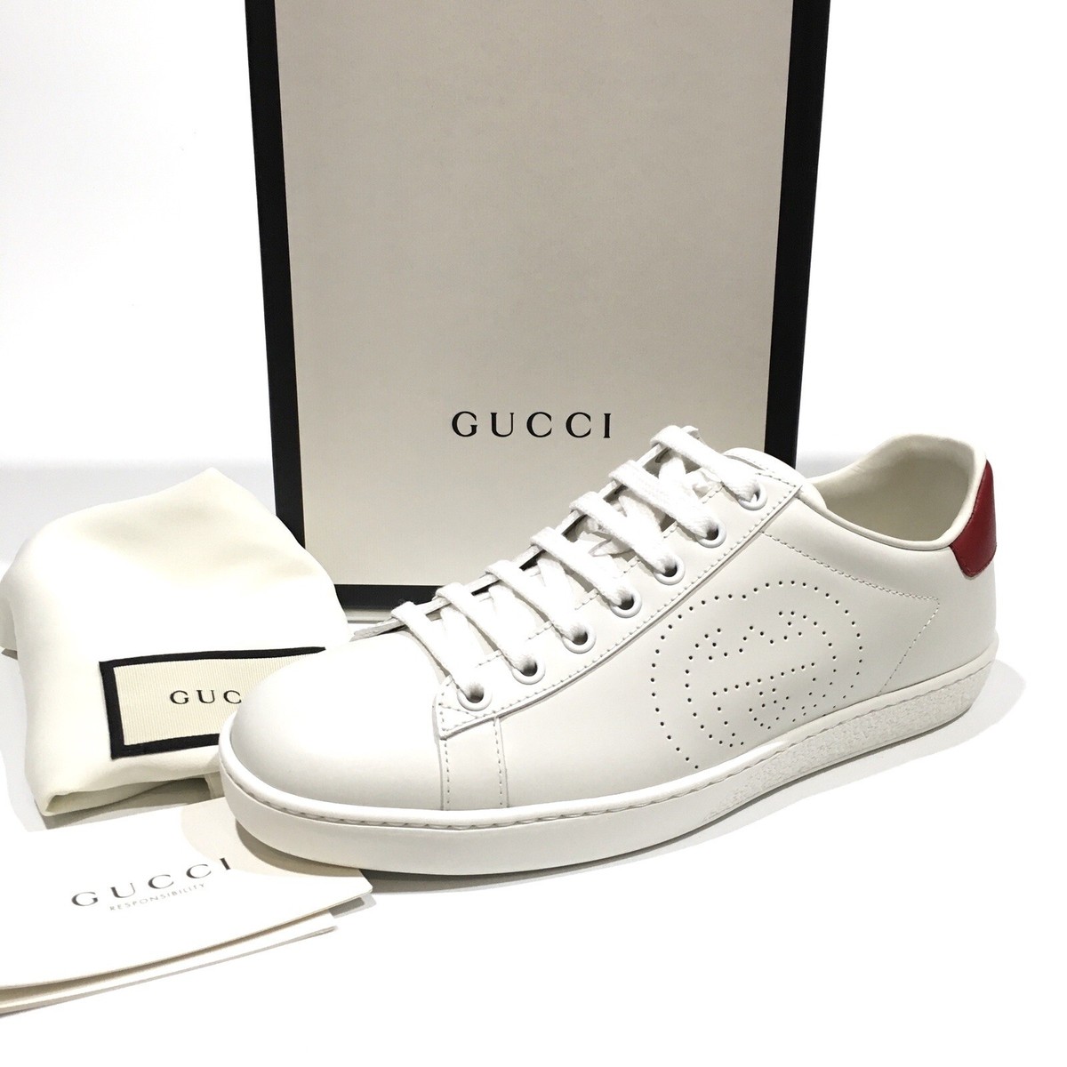 GUCCI ACE PERFORATED INTERLOCKING G LEATHER SNEAKERS -WHITE GUCCI ACE PERFORATED INTERLOCKING G LEATHER SNEAKERS -WHITE