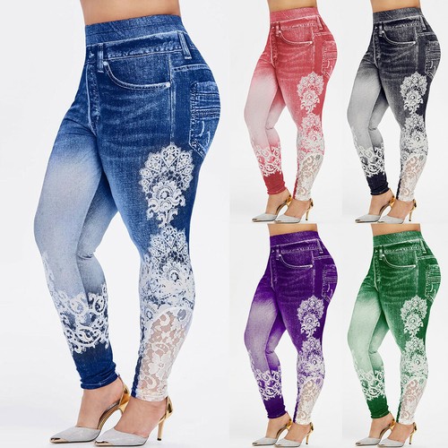 Women Lace Cropped Capri 3/4 Leggings Stretchy Denim Look Skinny Jeggings