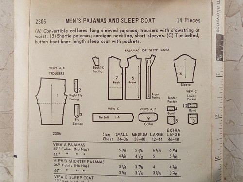 BUTTERICK 2306 VTG Mens' 60s Pajama Sleep Coat Large 42 44 UNCUT Fashion Pattern - Picture 6 of 7