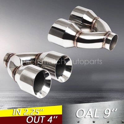 2PC 3/" Inlet Quad 4/" Out 9/" Long Dual Wall 304 Stainless Steel Exhaust Tips