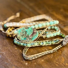 Elegant Turquoise Blue,Green and Gold Beaded Wrap Bracelet or Necklace