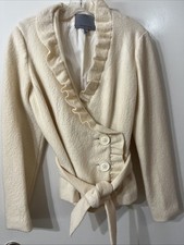 Classiques Entier Jacket Ivory Cream Merino Wool Ruffle Self Belt Size Medium