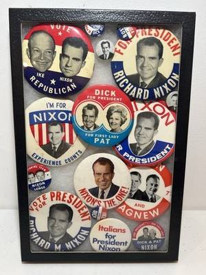 Vintage Framed Richard Nixon Campaign Buttons Shadow Box Collection Ike Agnew