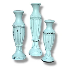 VTG Taper Candlestick Holders Set of 3 Blue Distressed Wood Farmhouse Cottage