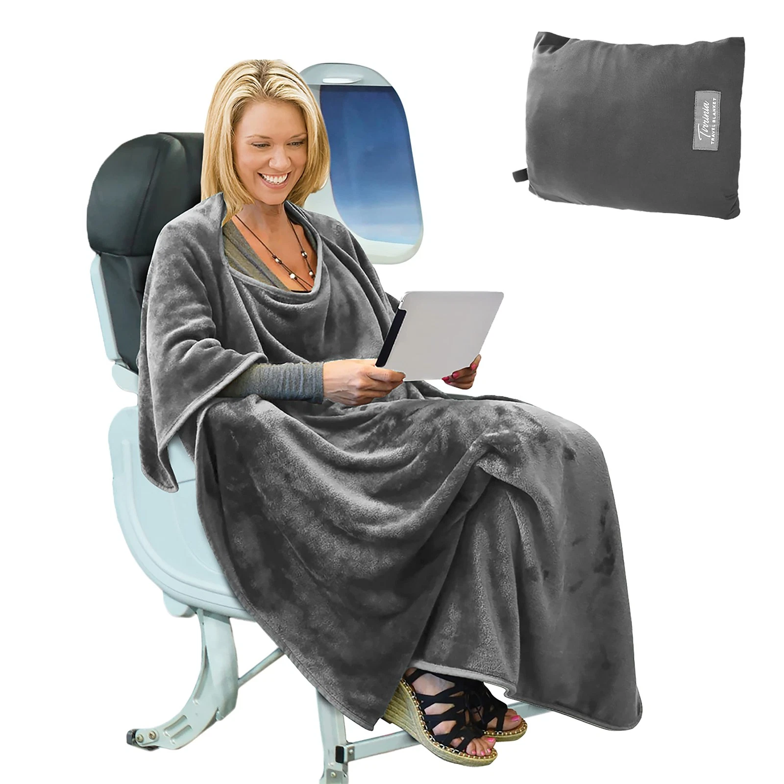 Travel Blanket Airplane Office Poncho 4 in 1 Premium Cozy Fleece Portable Pon...