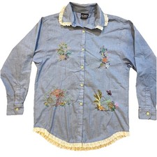 Women VTG Chambray Embroidered Mushroom Shirt Korbit Upcycled SZ M Lace Trim USA