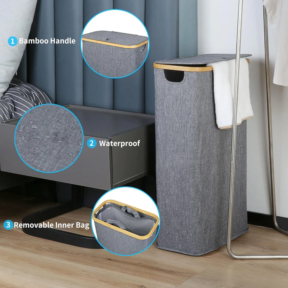 Cesto Portabiancheria Sottile 63L, Cesta Portabiancheria Stretto Con Coperchio, - Immagine 2 di 4