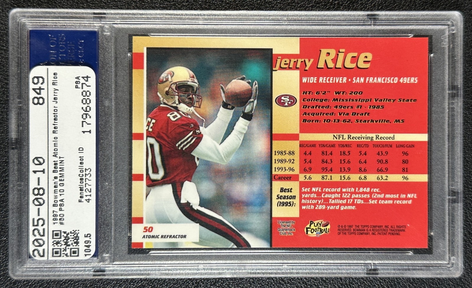 POP 9 JERRY RICE PSA 10 1997 BOWMAN'S BEST #50 ATOMIC REFRACTOR 49ERS 8874 view 2