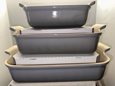 Le Creuset MIST GREY GRAY 3 Rectangular Heritage Baking Dishes + SILICONE COVERS