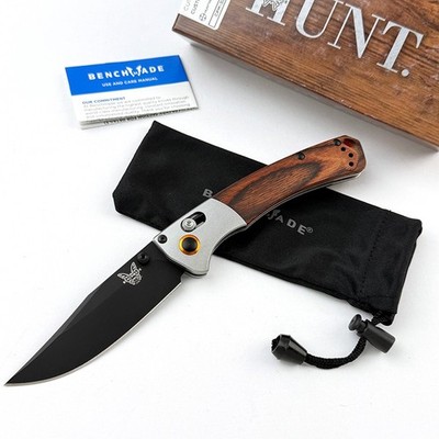 Benchmade 15085-cstm Mini Crooked River Black Blade Wood Handle Folding Knife
