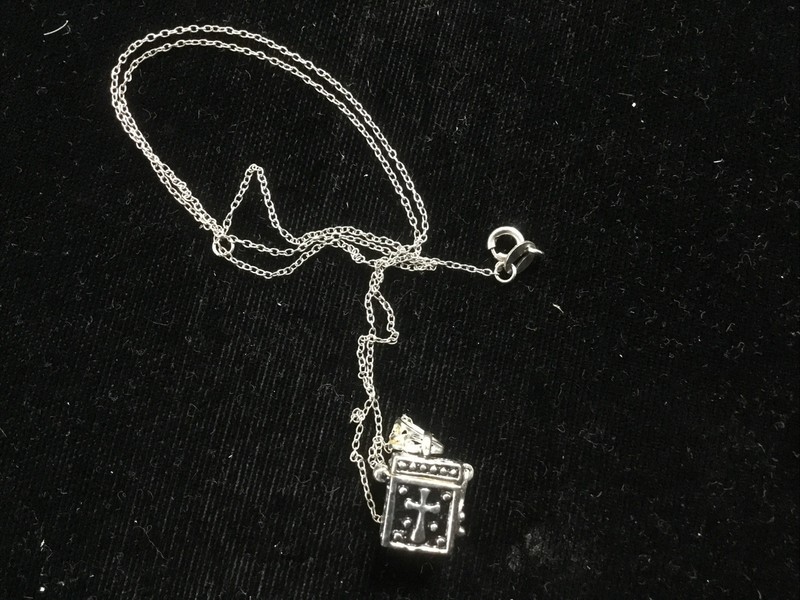 Vintage Sterling Silver Pill Box 1BB Stamped Square Pendant Necklace w/gemstones
