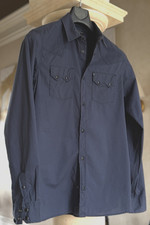 AllSaints Blue Modern Western button Down Shirt, Pearlescent Snaps, Men's Small