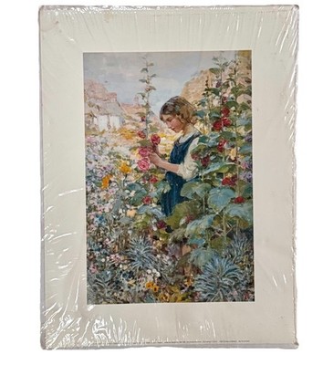 Art Museum Print- Girl Among The Hollyhocks -Alfred Billinghurst:England-Vintage