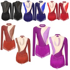 Womens Dress Dance Bodysuit Rhinestone Leotard Tassel Dancewear Sparkling Latin