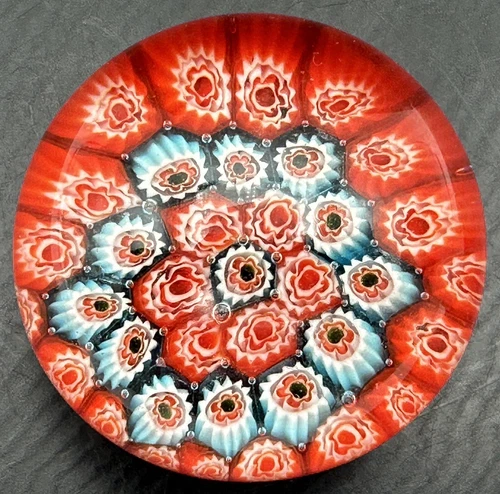 New ListingMillefiori Vintage Art Glass Paperweight Murano Italy Concentric Blue Red